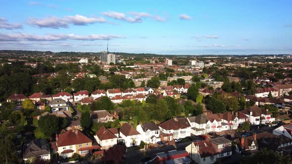 Aerial shot of a typical English suburban town on a sunny summer day