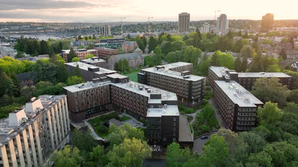 Orbiting aerial of UW's newest residence halls; Oak, Willow, Madrona, and McCarty.