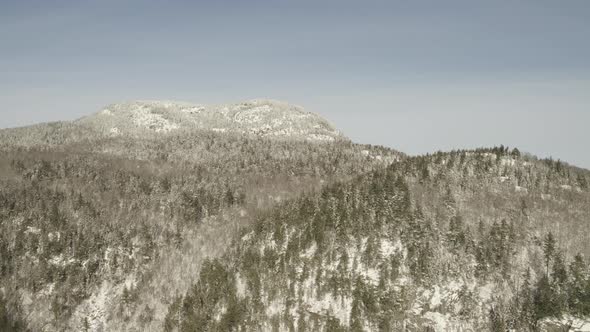 Blue skies above a snow covered forested mountain AERIAL