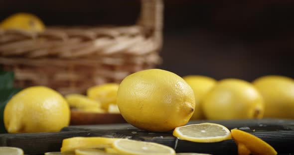 Fresh Lemon Spinning on a Cutting Board. 