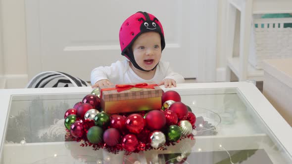 Child Dressed in Safety Helmet Having Fun on New Years Eve Happy Kid Looking with Delight at