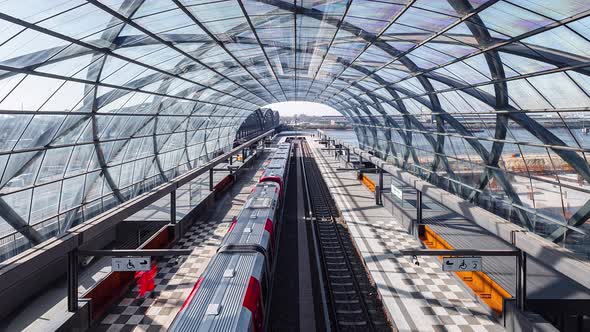 Day Time Lapse of incoming and outgoing subways at Elbbruecken station, Hamburg, Germany