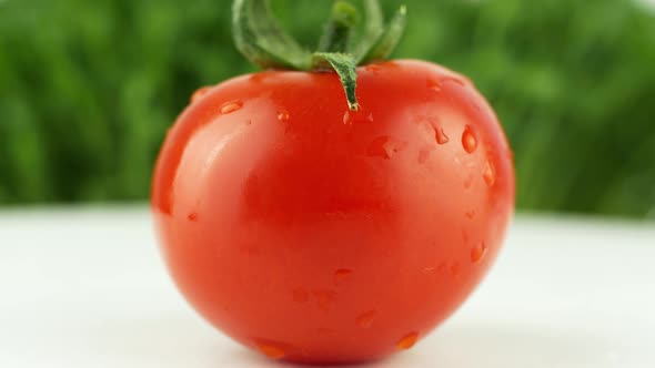 Rotation tomato on a green background. 4K video close-up time-lapse footage of a tomato 360.