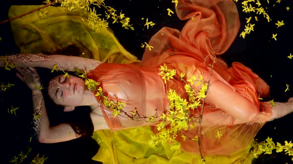 Fascinating Lady is Bathing in Water with Yellow Flowers Top View on Sexy Female Body