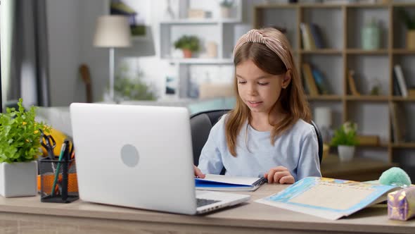 Girl in an Online Lesson at Home in the Living Room