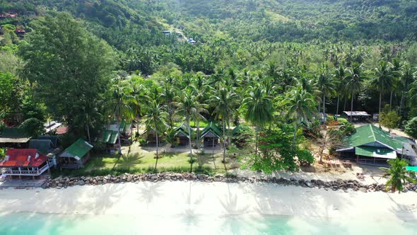 Beach cabins and bungalows with sea view built on quiet shore of tropical island under palm trees on