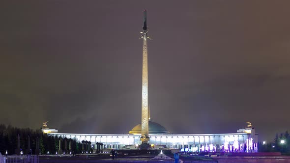 Victory Park Architectural Ensemble with Monuments Obelisk Christmas Tree at Evening Timelapse