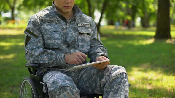 American Serviceman Using Tablet in Wheelchair, Searching Health Care Service