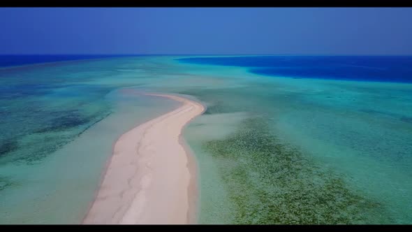 Aerial tourism of idyllic sea view beach voyage by blue green lagoon and white sandy background of a