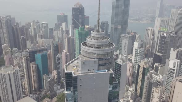 Aerial view Hong Kong city skyscrapers office glass buildings near Victoria harbour concrete jungle