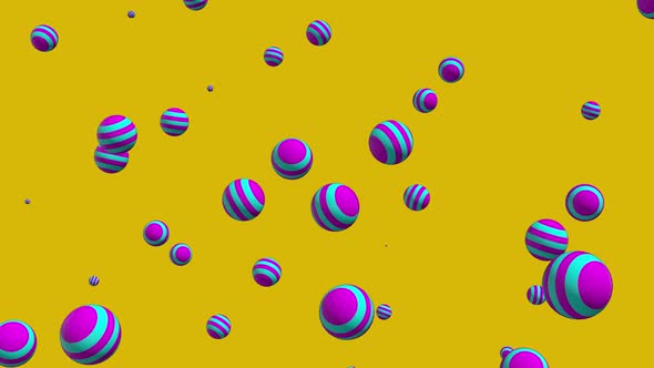 Striped Violet Blue 3D Render Spheres or Balls Flying and Rotating on Yellow Background