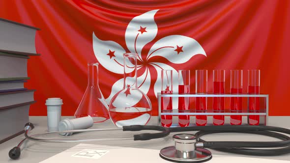 Clinic Laboratory Equipment on Flag of Hong Kong Background