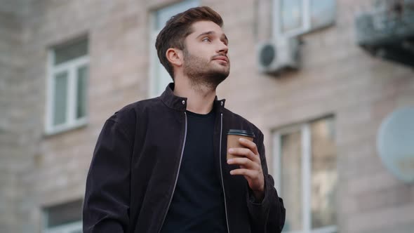 Handsome Man Drinking Coffee Outside, Positive Guy Enjoying Tea Outdoors