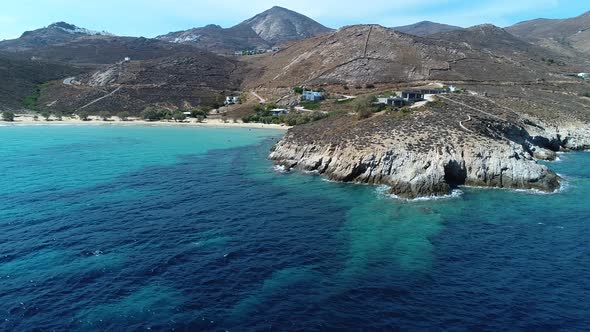 Psili Ammos beach on Serifos island in the Cyclades in Greece seen from the sky