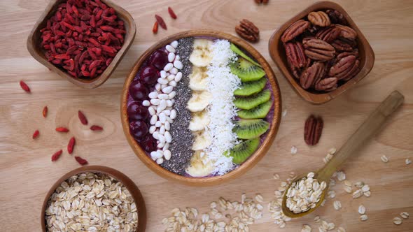 Top View Of Healthy Smoothie Bowl With Superfood For Breakfast. 