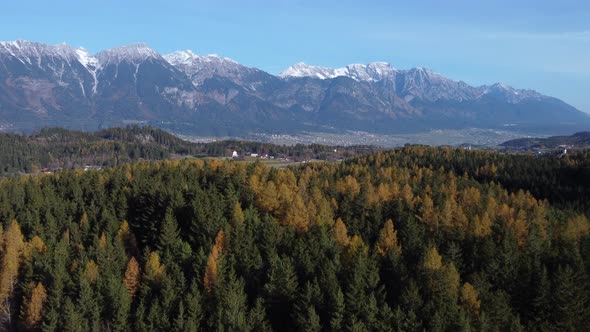 The Inn Valley, Innsbruck, Austria drone shot of fall nature and mountains