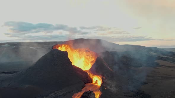 Lava Flow From Violently Erupting Fagradalsfjall Volcano In Reykjanes Peninsula Iceland