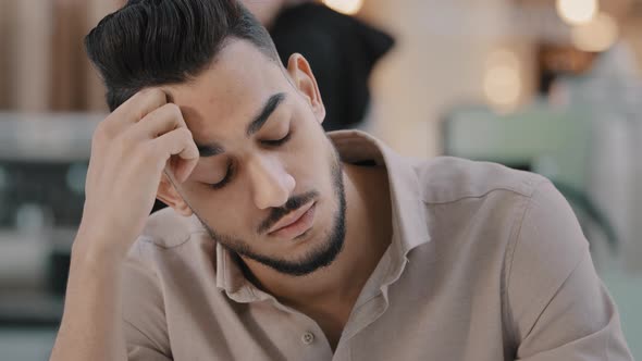 Stressed Arabian Bearded Man Indian Guy Suffering From Tension Stress Having Painful Head Pain