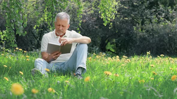 An Elderly Whitehaired Man with a Beard Sitting Alone on the Grass in a Nature Park with a Book