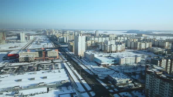 City quarters. Multi-story houses. Winter cityscape.