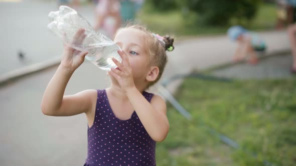 Little Girl Drinking Water Big Plastic Bottle Summer Day Park