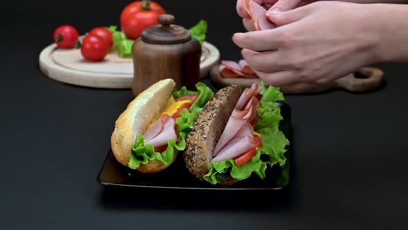 Woman hands preparing tasty sandwiches