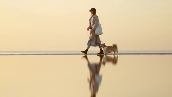 Dog and Woman Happy Walk Along Beach in Autumn Spbi