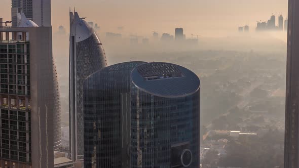 Dubai Downtown During Golden Sunrise Morning Scene Timelapse