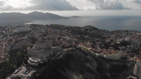 Aerial view of the basilica Notre Dame de la Garde in Marseille. France 2020