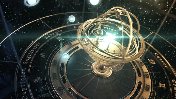 Armillary Sphere And Zodiac Astrology Signs On Background Of Starry Sky alt