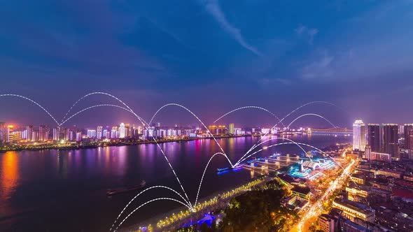 smart Connected city skyline. Futuristic network concept, city Technology.