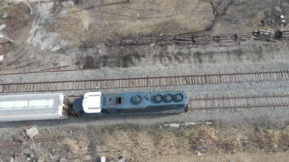 American train hauling box carts near Detroit, Michigan. Aerial view