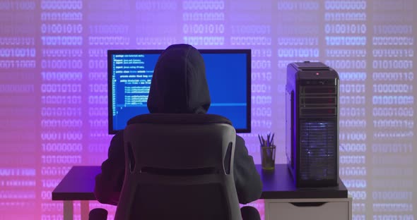 Rear View of Man Hacker in Hood Working at Computer