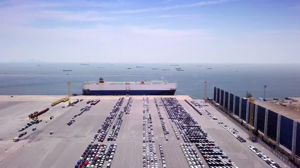 Aerial View Logistics Concept Roll-On/Roll-Off Car Carrier Ship