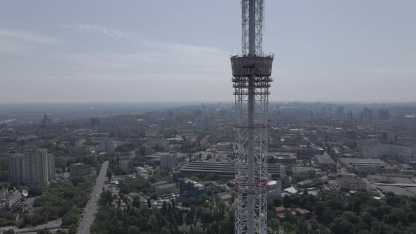 The Architecture of Kyiv. Ukraine: TV Tower. Aerial View. Slow Motion, Flat, Gray