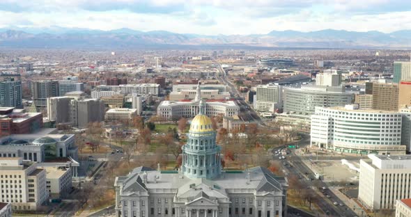 Colorado state capitol with droneing down.