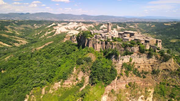 Panoramic Aerial View of Civita Di Bagnoregio Medieval Town Perched on a Mountain Italy