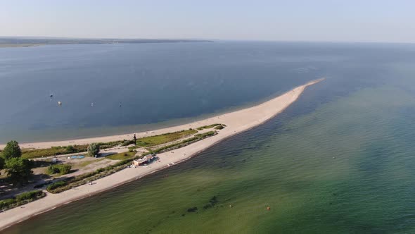 Flying over the sandbar in Rewa village at the Baltic Sea in Poland, Europe