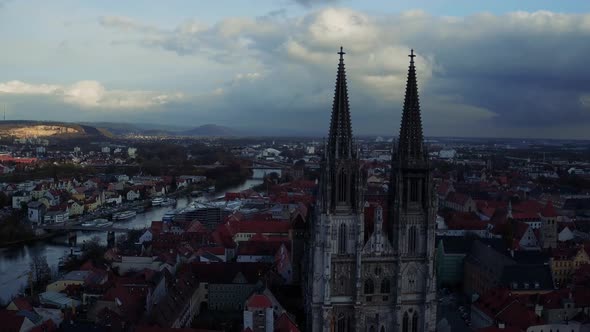 Beautiful drone video above downtown of bavarian Regensburg