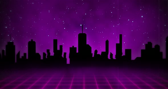 Red squared floor moving over dark city against purple universe background 4k
