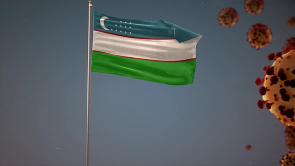 Uzbekistan Flag With Corona Virus Attack 4K alt