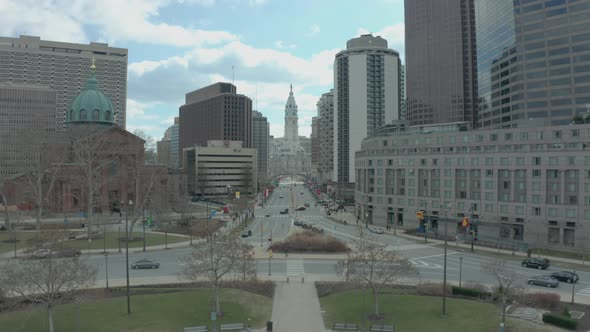 Ascending Aerial Drone Shot of Philadelphia City Center and City Hall