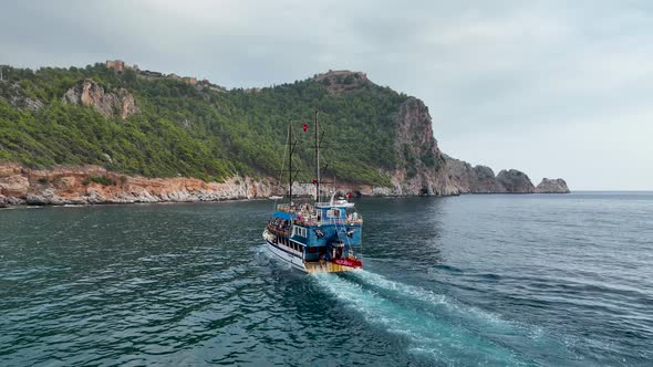 The Pirates yacht calls at the port aerial view 4 K Turkey Aanya