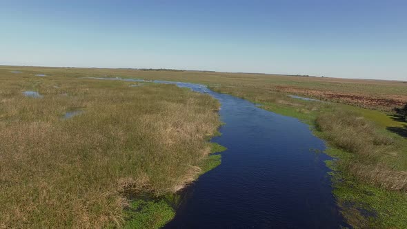 Aerial shot tracking along a watercourse in Ibera Wetlands, Corrientes Province, Argentina