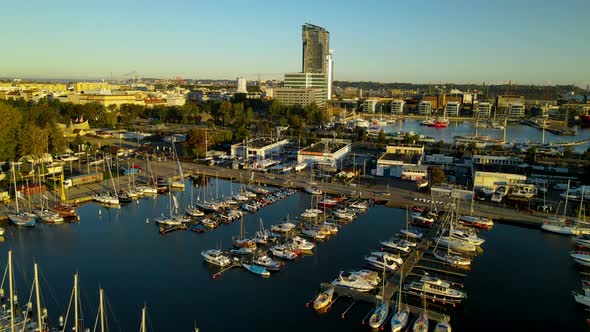 Gdynia City Port Panoramic View - Modern Sea Towers And Skyscrapers With Sailboats And Yachts Docked