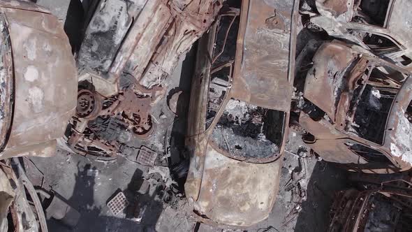Vertical Video of Burned and Shot Cars During the War in Ukraine