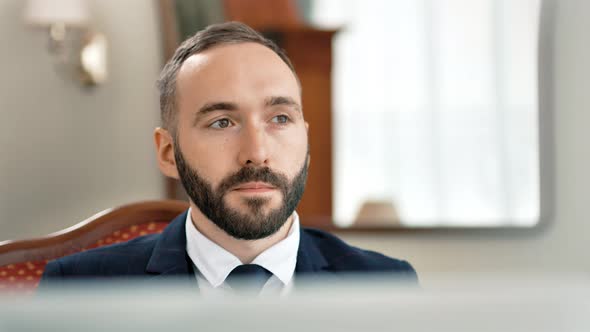 Portrait Pensive Male Businessman Having Break Drinking Tea or Coffee