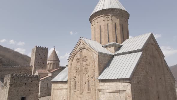 Aerial view of old Ananuri Fortress with two churches and picturesque view on river. Georgia 2021