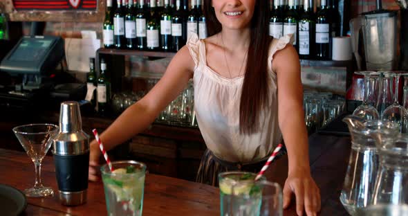 Portrait of barmaid serving cocktail at bar counter