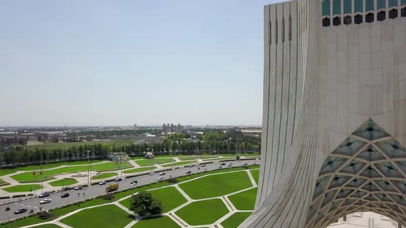 Aerial drone view of the Azadi tower in Tehran. Iran 2018, may. A monument located at Azadi Square.